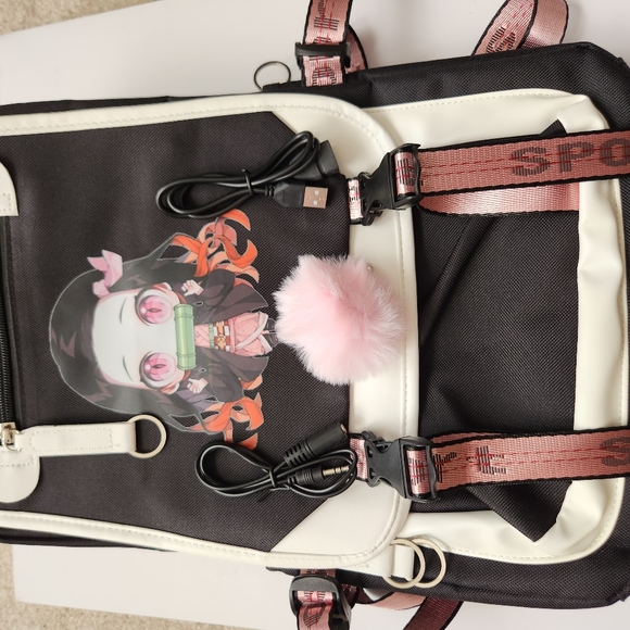 Nezuko Demon Slayer Anime Cosplay School Travel White Black Large Backpack NWOT - Picture 11 of 12